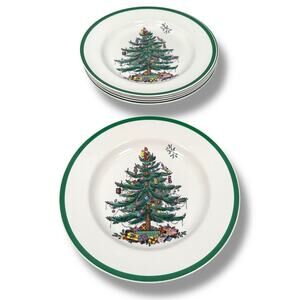 Spode Christmas Tree Dinner Plates 11" White Green Trim Stoneware S3324L Lot 6